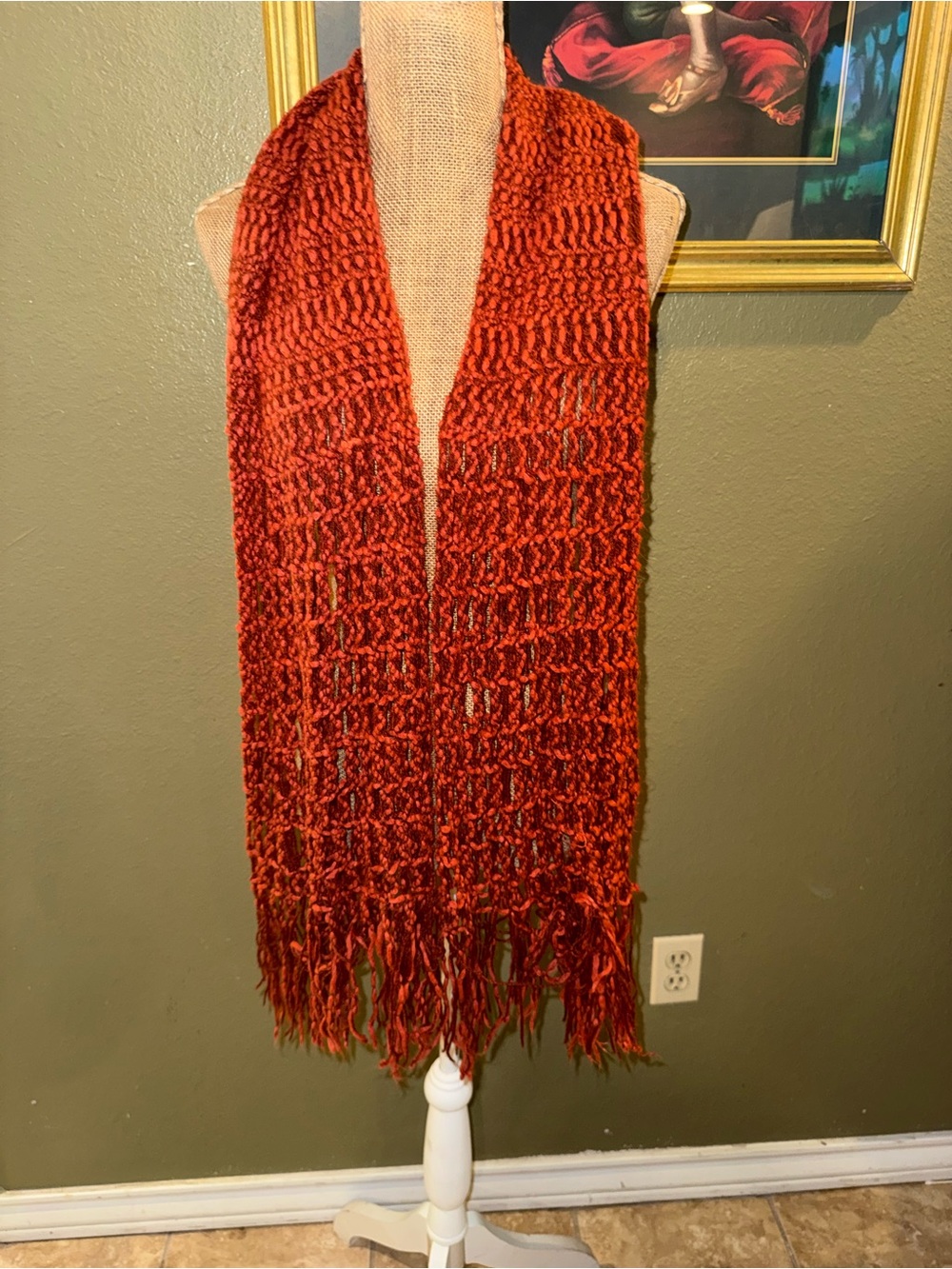 Handwoven Rust Orange Fringe Scarf